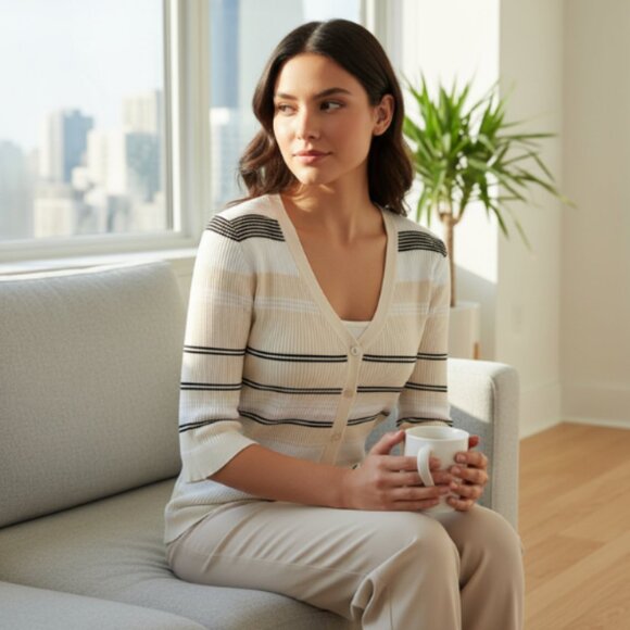 Judith & Charles Womens Medium Ribbed Short Sleeve Stripe Vneck Cardigan - Picture 1 of 13